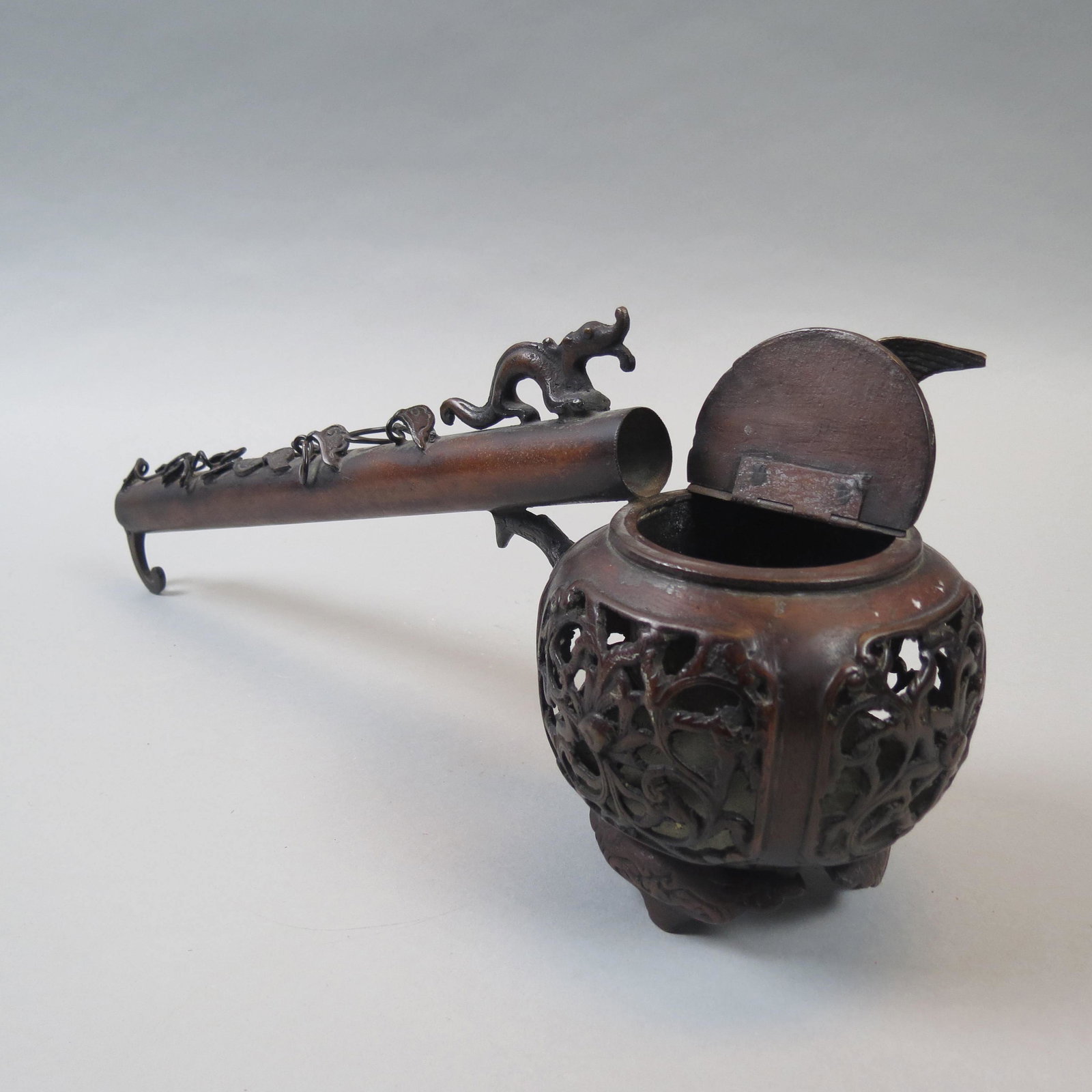 Japanese Yatate Calligraphy ink Sumi Inkwell Shuji,: Bird on cover on the inkwell, creature and vine on long tubular handle to hold quills, 16 long, 6" tall.