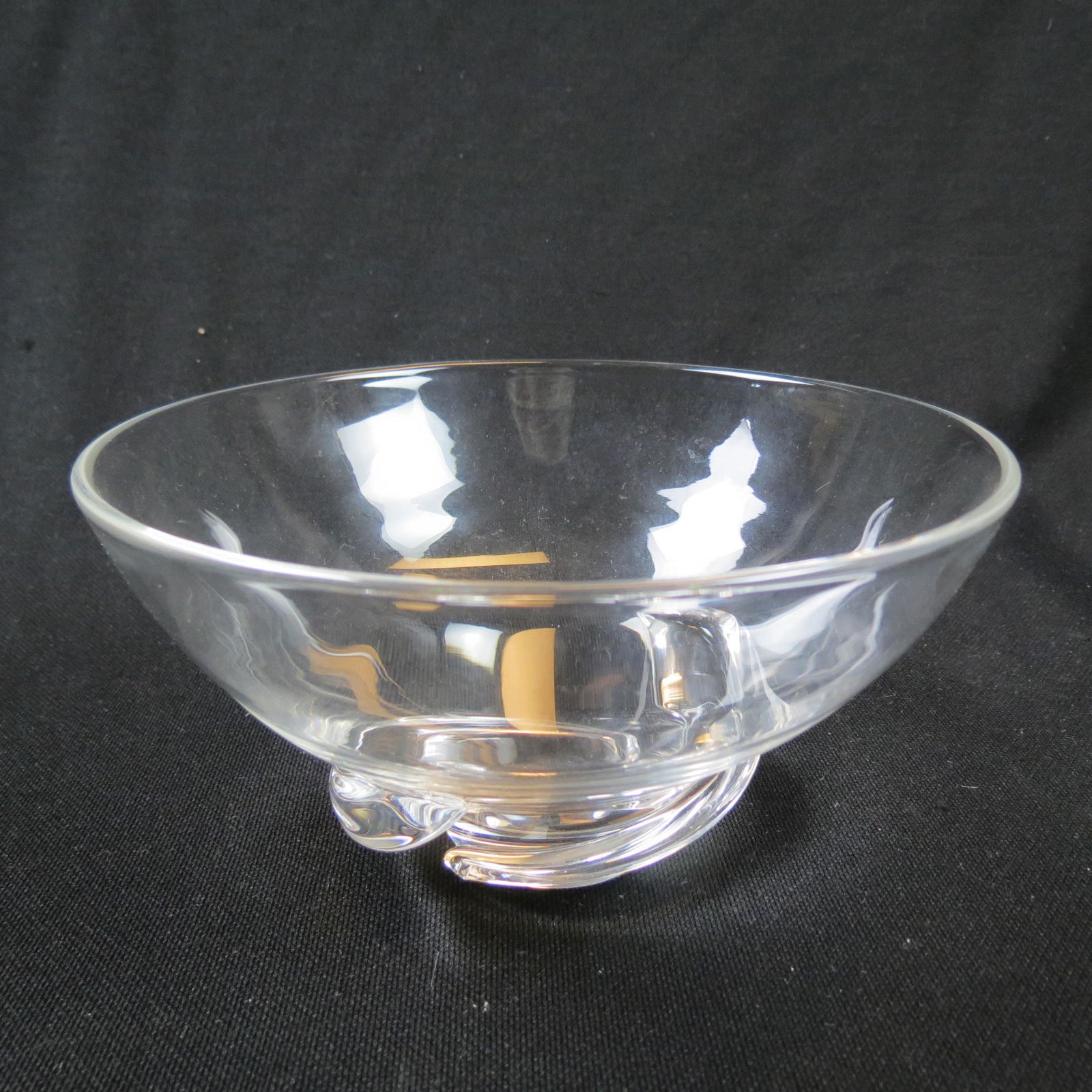 Steuben Crystal Bowl: Swirling design at base, 7 diameter, 3 3/4" deep, signed, excellent.