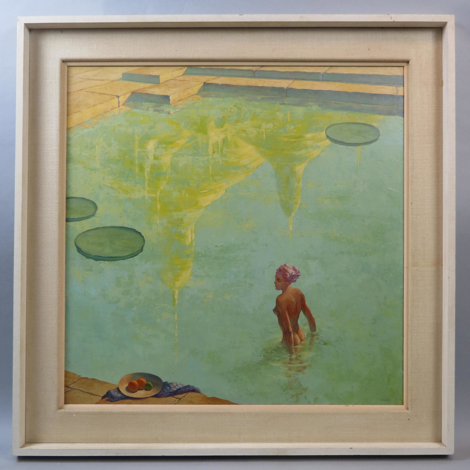 Alexander Canedo, oil, Nude Female in Pool: Reflective pool scene, on masonite board, image area 24 X 24" plus frame, signed, well listed artist, acquired directly from artist by his friend approx. 50 years ago............Biography from Spencer