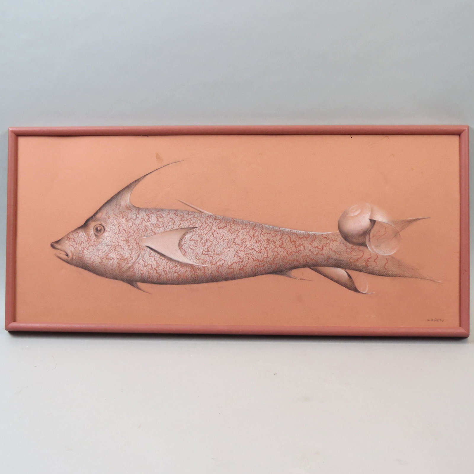 Alexander Canedo, pastel, Fish & Shell: On salmon colored paper, image area approx. 11 X 26" plus frame, signed, well listed artist, acquired directly from the artist by friend approx. 50 years ago............Biography from Spencer Jon Helf