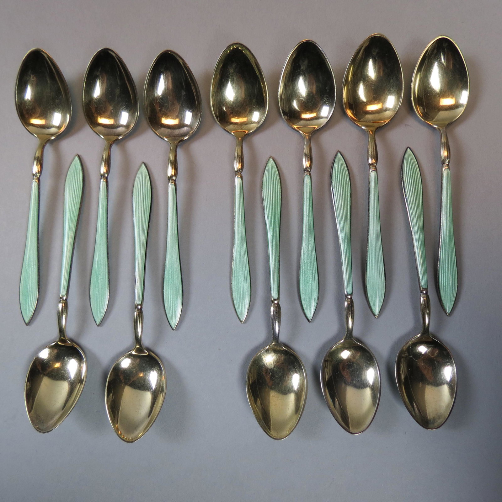 12 Norweign Sterling & Enameled Coffee Spoons: Green and gold, 3 3/4, excellent.