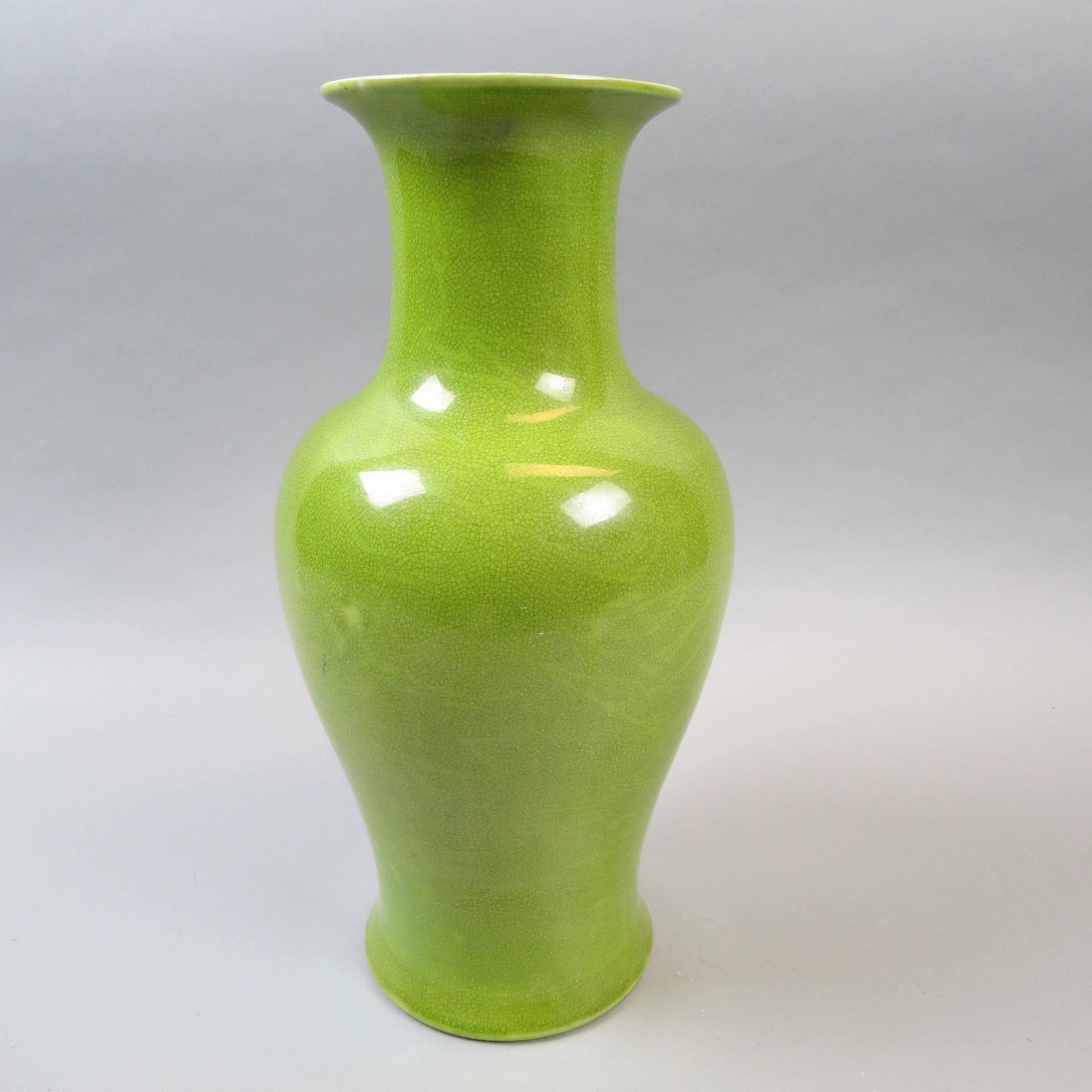 Chinese Porcelain Lime or Apple Green Monochrome Vase: fish roe crackle glaze type, 14 1/2, excellent.