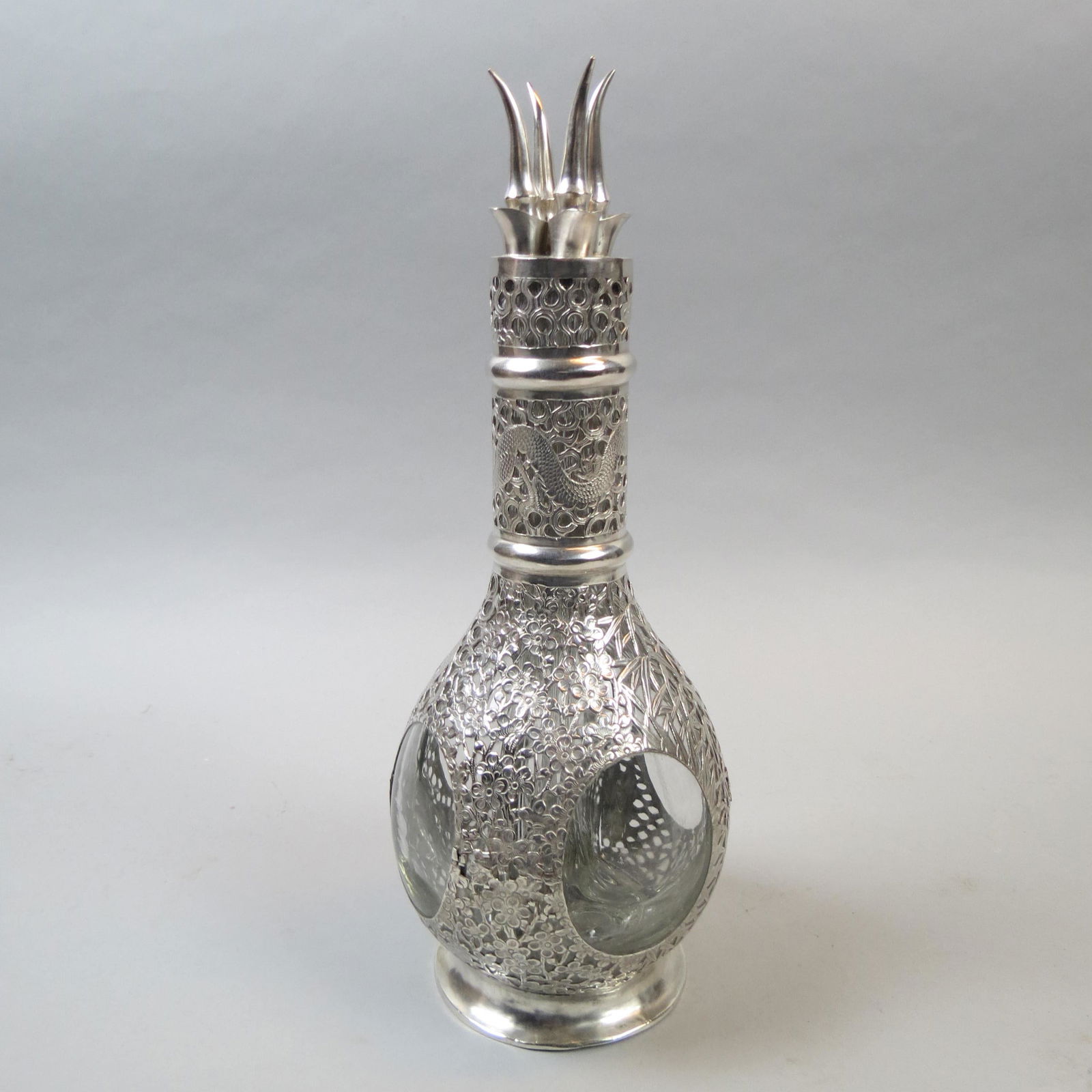 Chinese Silver Overlay Glass Compartment Decanter (1 of 11)