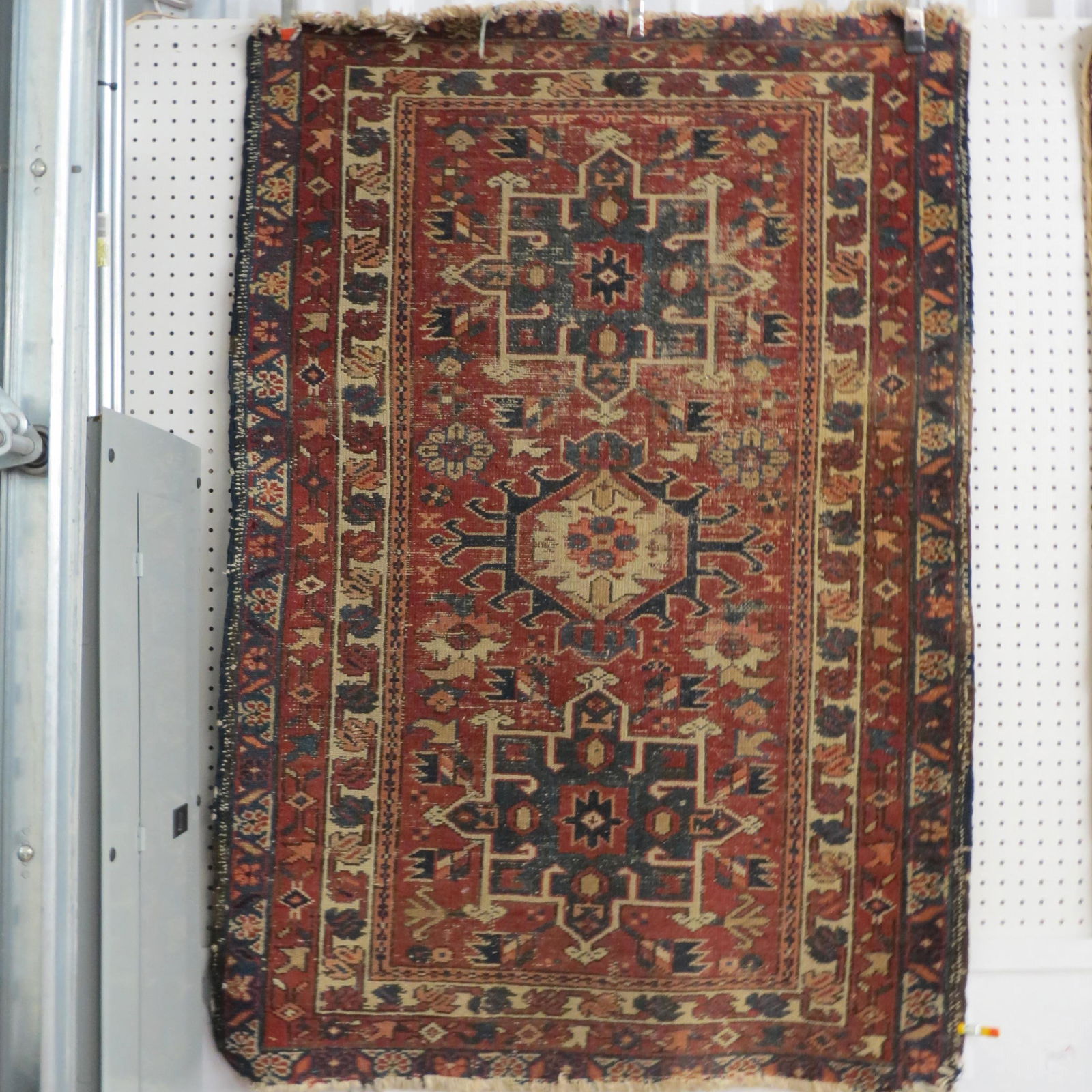 Antique Hamadan Persian Handmade Rug: A trio of geometric medallions on salmon field, stylized floral border, 3'2 X 4'7", some wear.