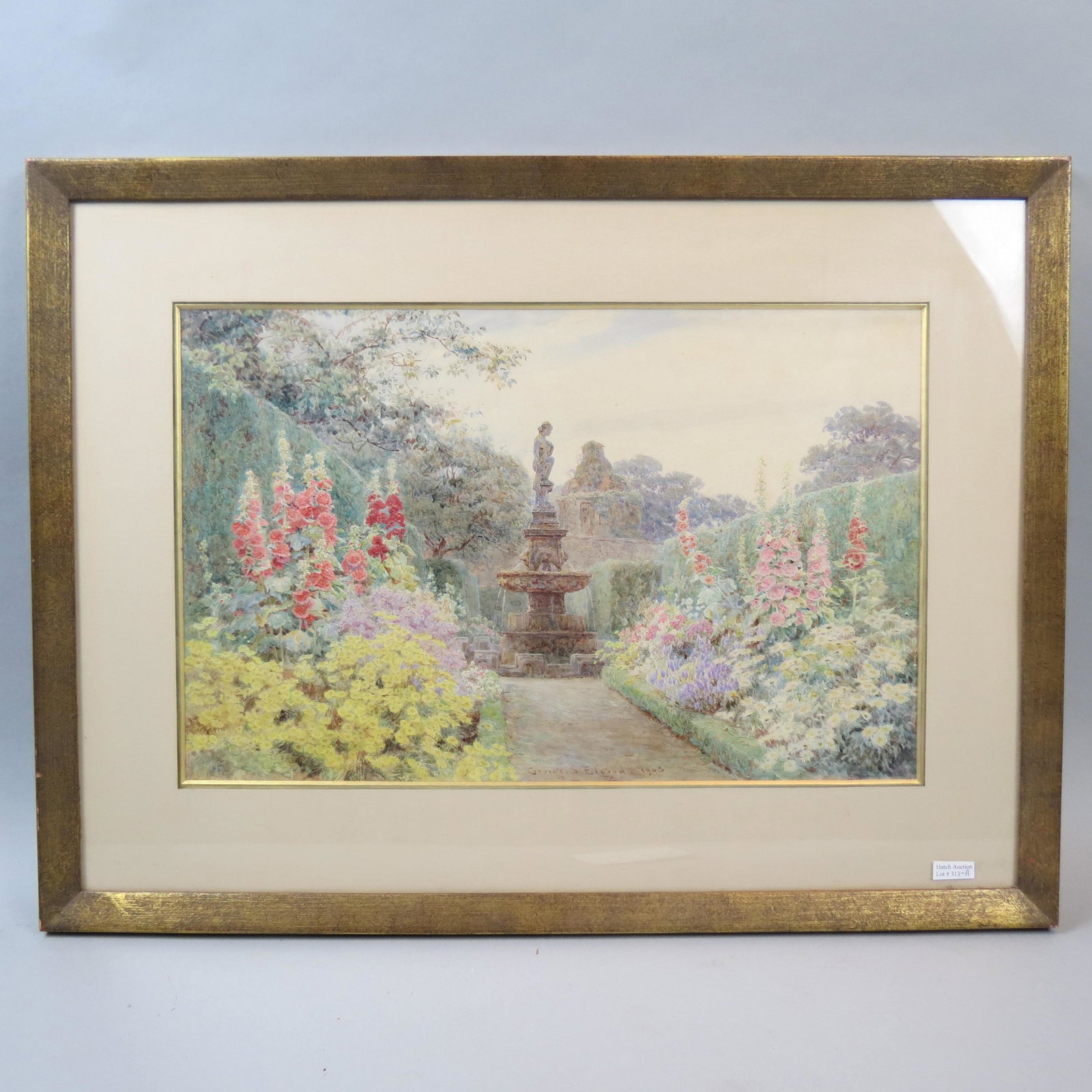 George S. Elgood, watercolor, English Garden: With Fountain, signed and dated 1903, image area 13 X 20" plus mat and frame, well listed artist..... George Samuel Elgood Born: 1851Died: 1943Known for: Landscape painting