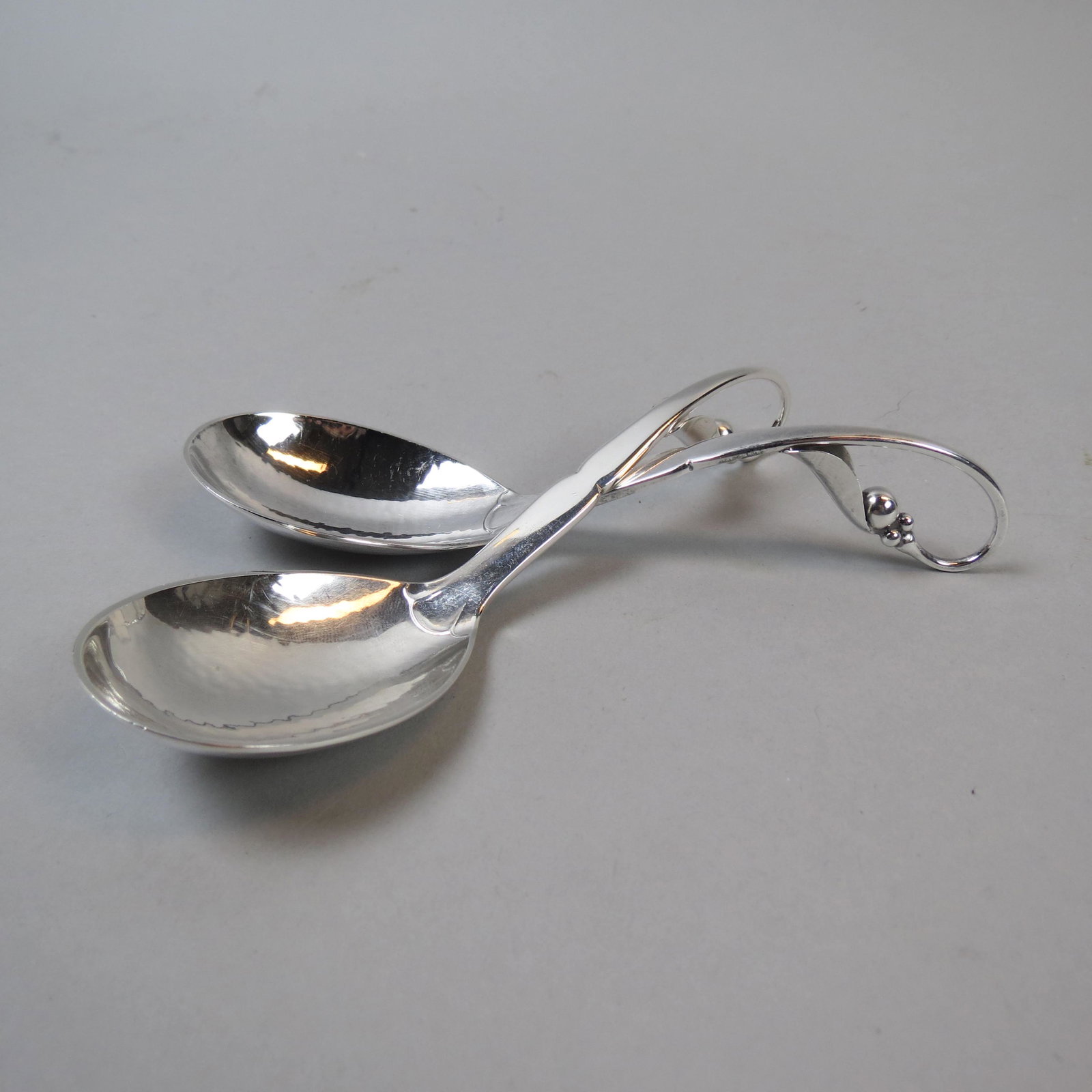 2 Georg Jensen Ornamental" Sterling Sauce Spoons,": Famous Danish silversmith, 5 1/2, no monogram, excellent.