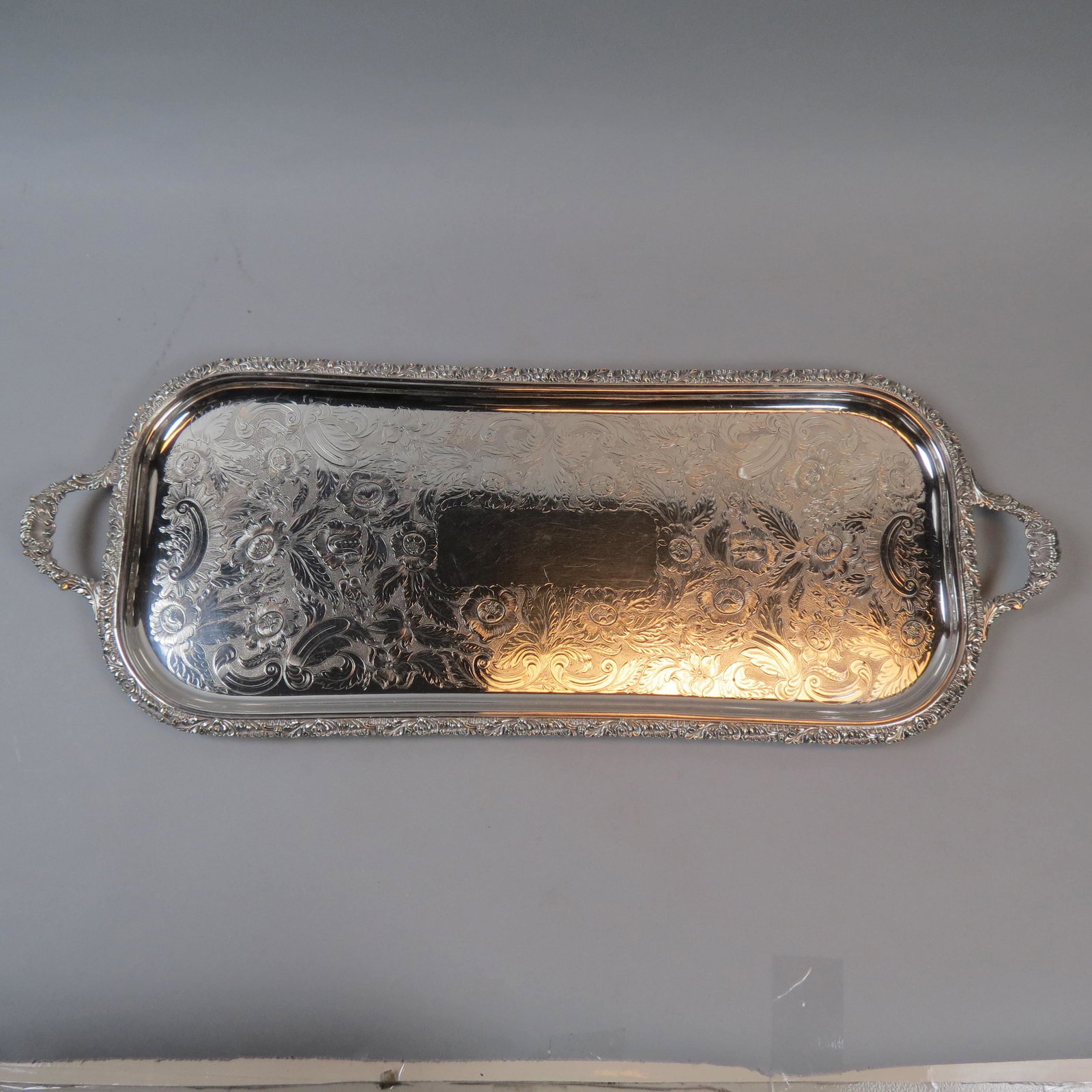 Baker-Ellis Silverplate Rectangular Tray.: Fine floral designs, 11 X 25" (plus handles).