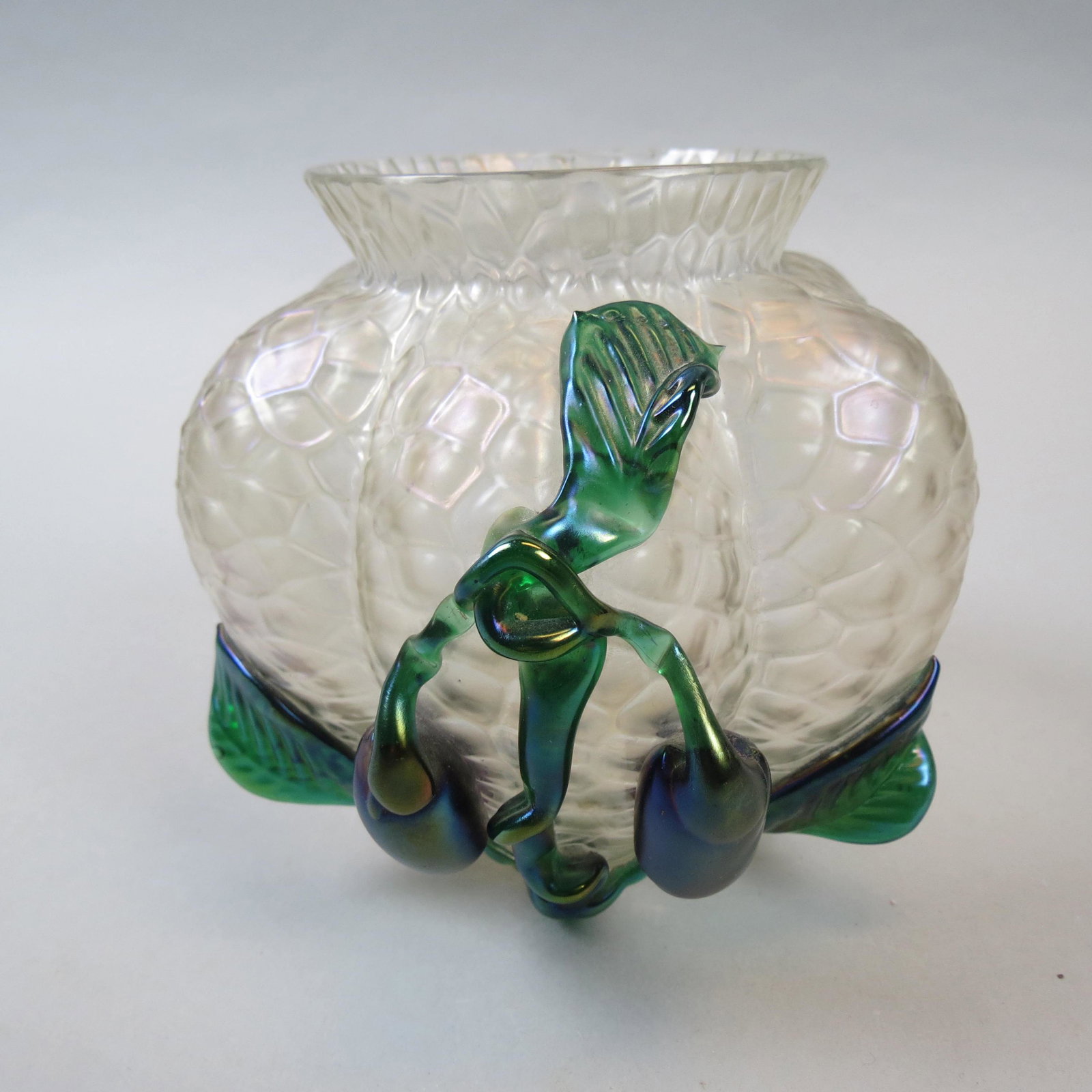 Loetz Art Glass Vase: Iridescent blue green, pinch design with pulled twist at top, unsigned, excellent.