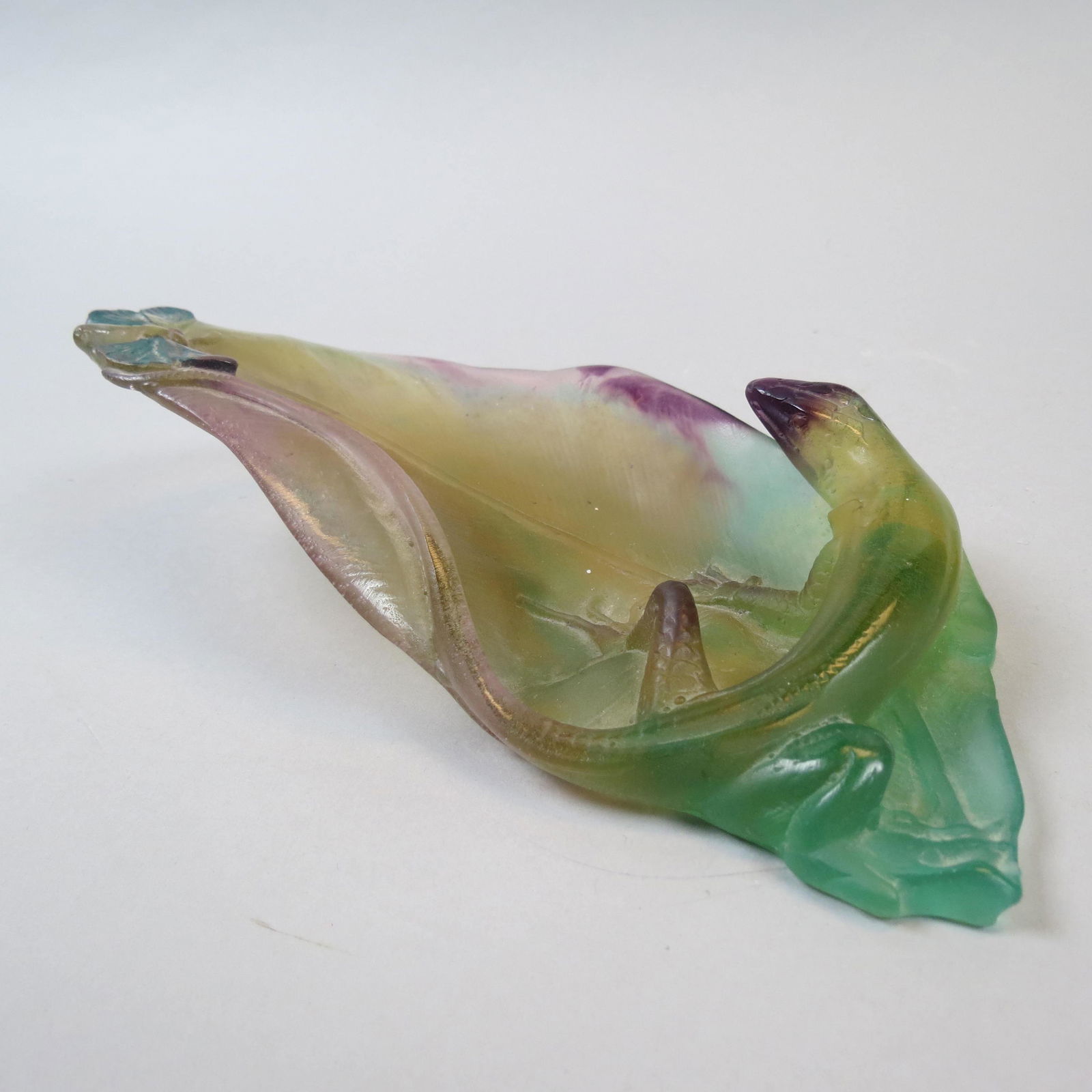 Daum Pate De Verre Art Glass Dish: Art Nouveau style with salamander and butterfly, 8 1/2' long, unsigned, excellent......(French, â€œglass paste”) A material produced by grinding glass into a fine powder, adding a binder to