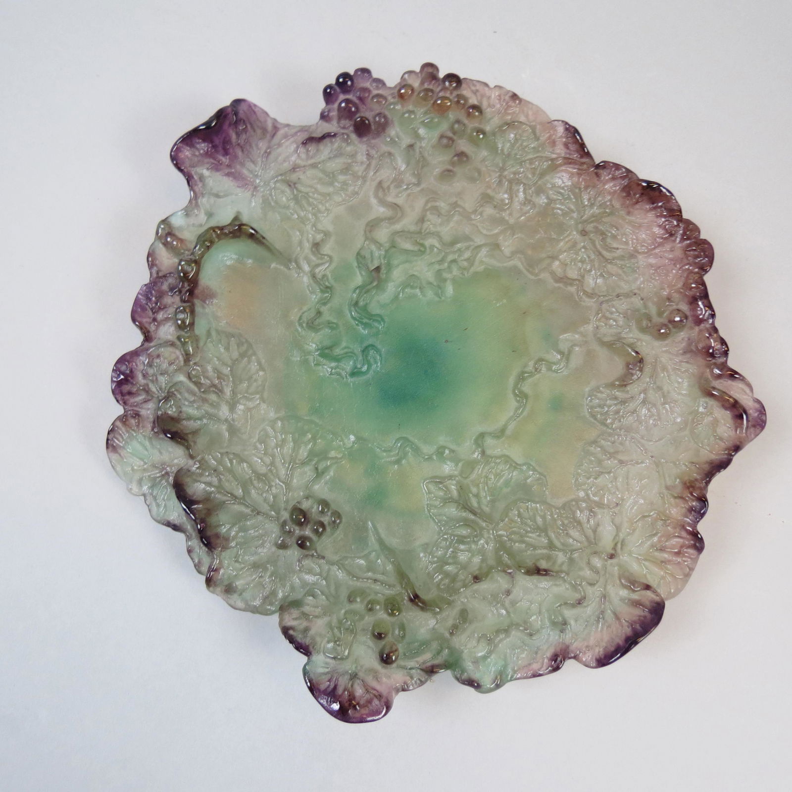 Daum Pate De Verre Art Glass Tray: Art Nouveau grape and vine decor, 10 1/4, signed, excellent.....(French, â€œglass paste”) A material produced by grinding glass into a fine powder, adding a binder to create a paste, and add