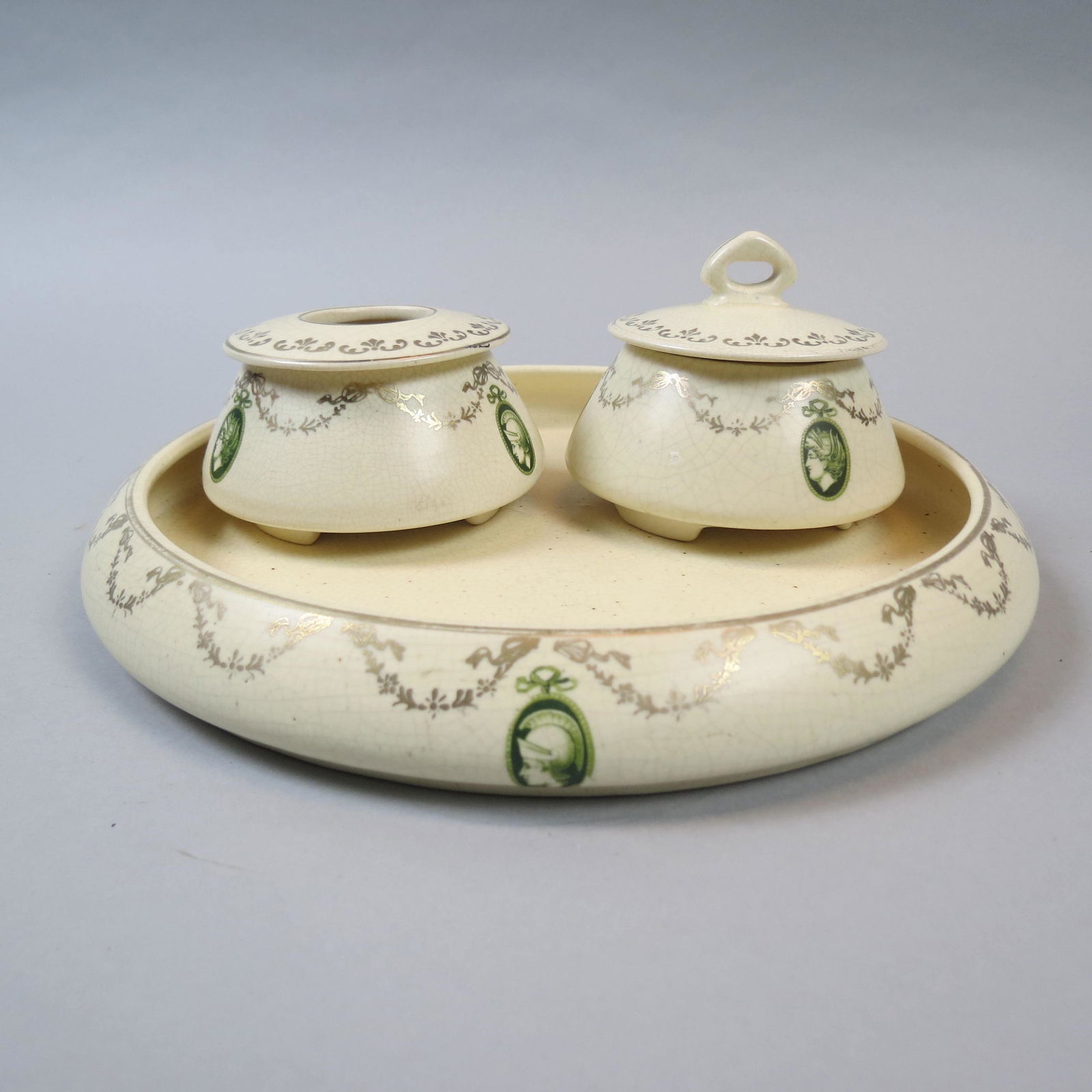 3 pc. Roseville Pottery Medallion" Dresser Set," (1 of 4)