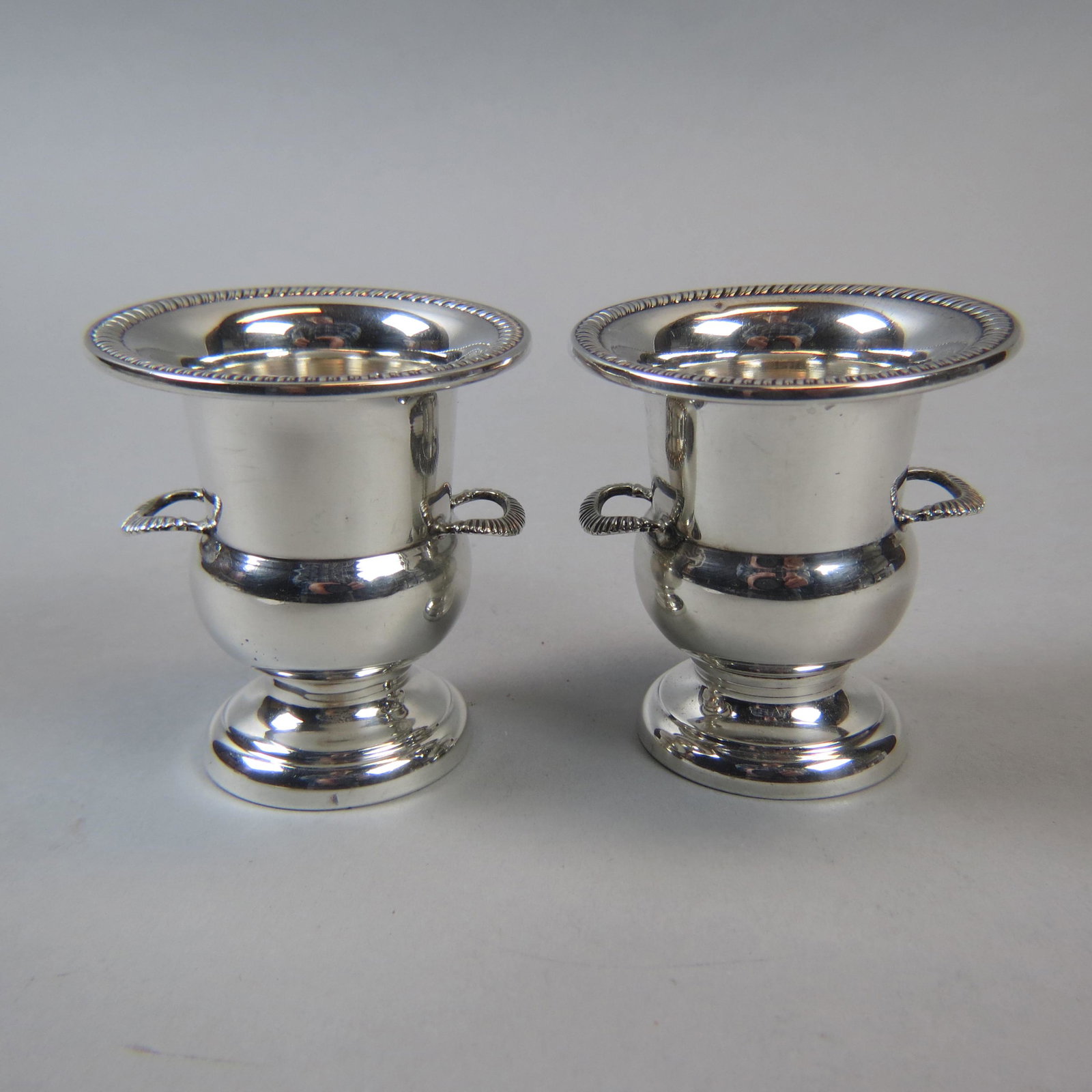 Pair of Stering Silver Miniature Wine Coolers: Classic shape with gadroon design and handles, great for toothpicks, bud vases, Q-Tips, etc, 3 tall, by Hunt Silversmiths, 121 grams.