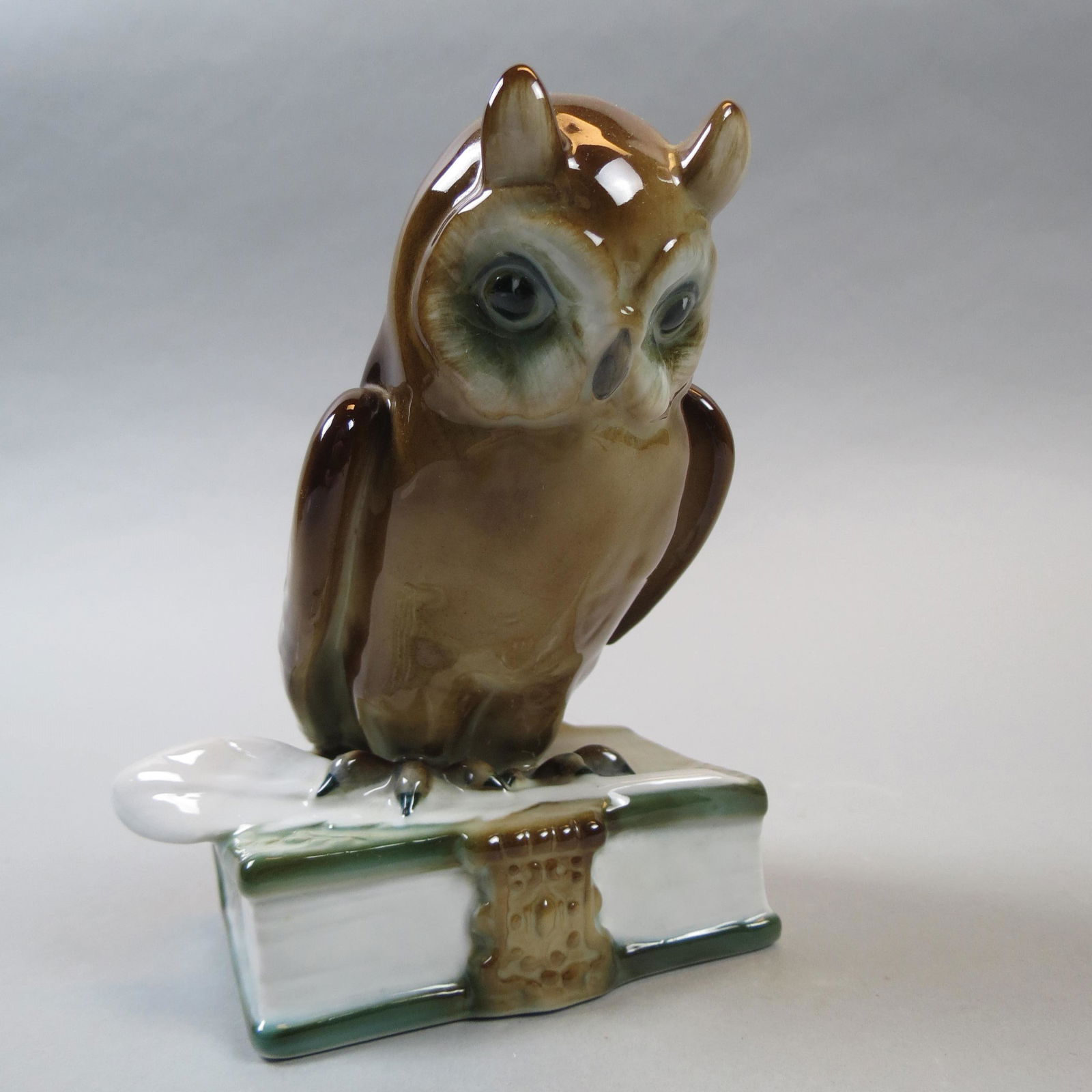 Zsolnay Hungarian Porcelain Figurine of an Owl: Resting on top of a book, with feather, 5 1/4, excellent.