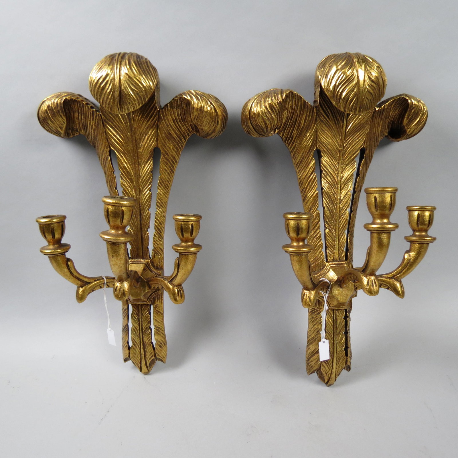 Pair of Carved Wood Gold Gilt Sconces: Prince of Wales feather plume design, triple sconce, 12" X 20".