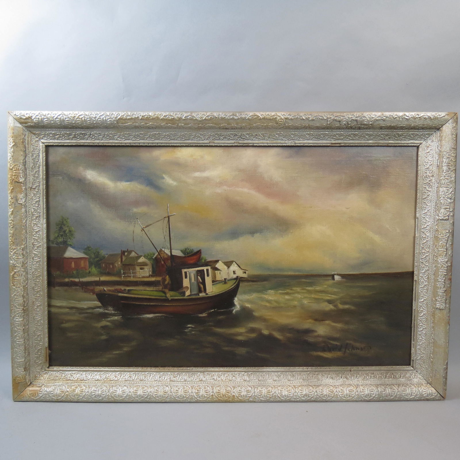 David Johnson, oil, Outward Bound"": Fishing boat heading out of Gerrittsen Beach, Brooklyn, NY, mid century, on canvas, image area 22 X 36" plus frame.