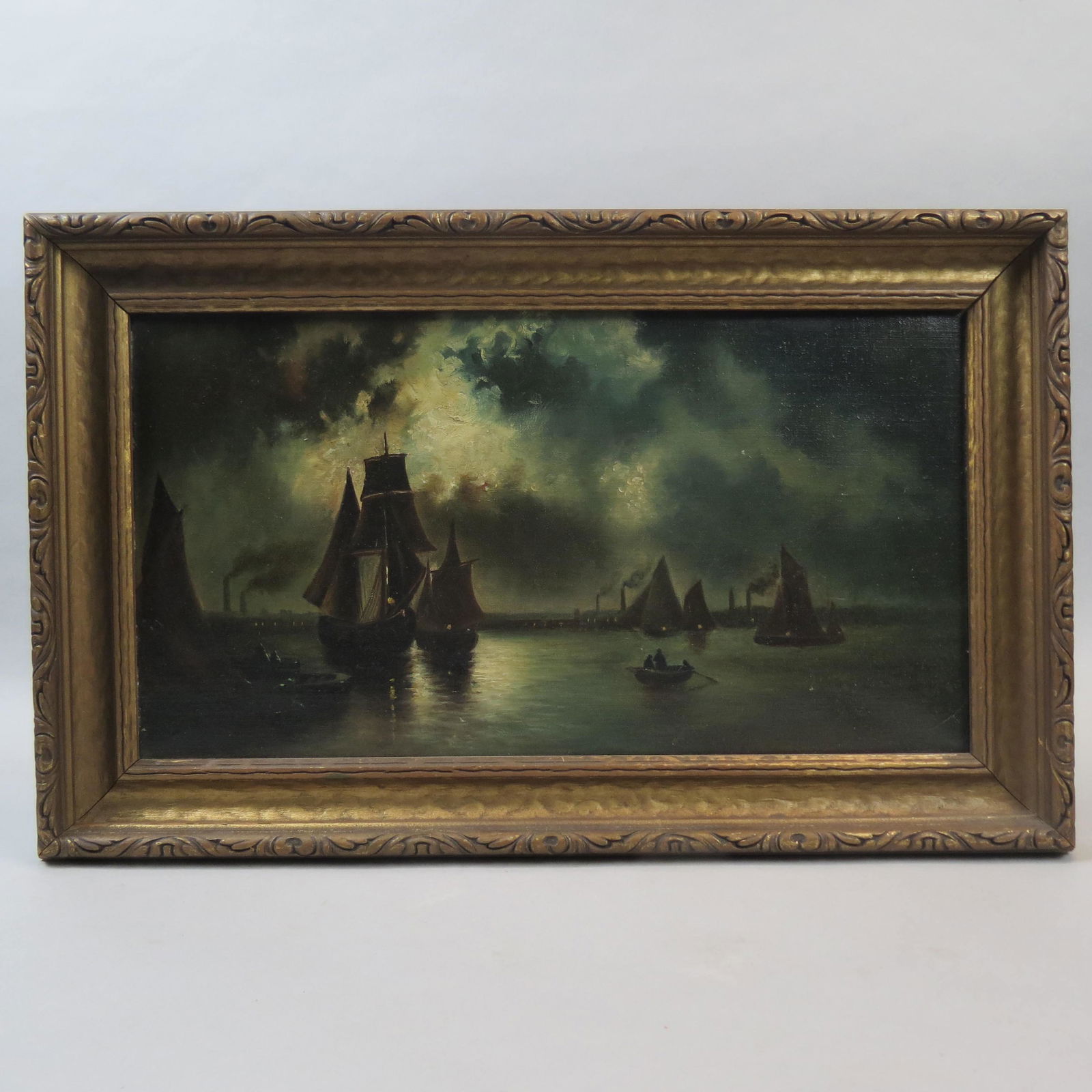 19th Century Ol Painting Ships in Harbor at Night (1 of 4)