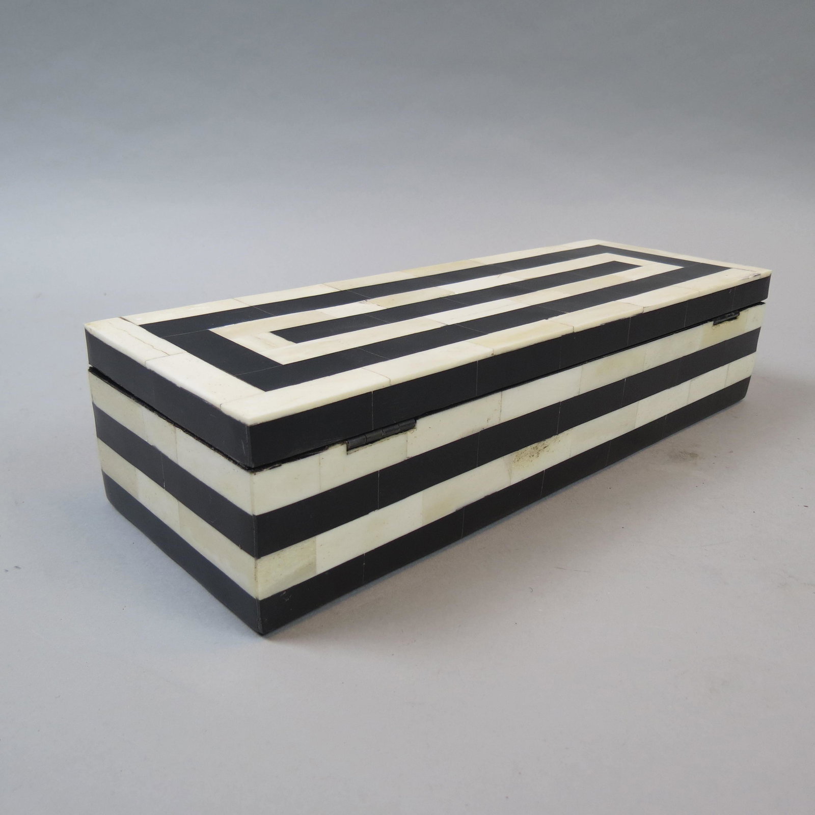Dresser Box: Ebony and ivory design, 3 1/2 X 5" X 14", hinged top.