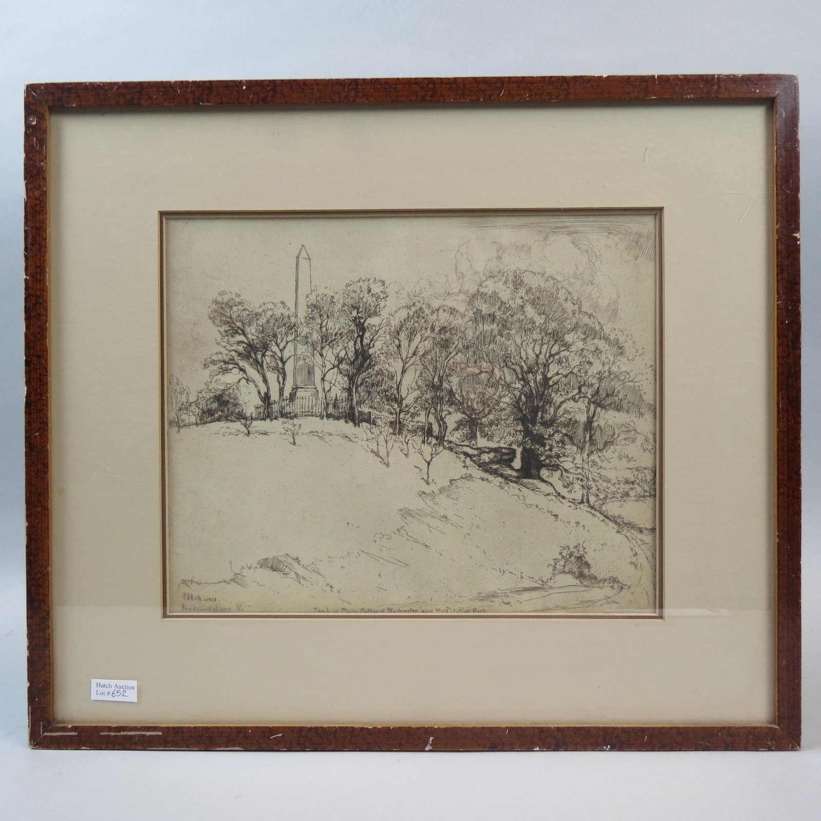 Ernest D. Roth, etching, Tomb of Mary, mother of": Washington and Meditation Rock, Fredericksburg, VA., 1928, image area approx. 10" X 12", well listed artist, 1879-1964.