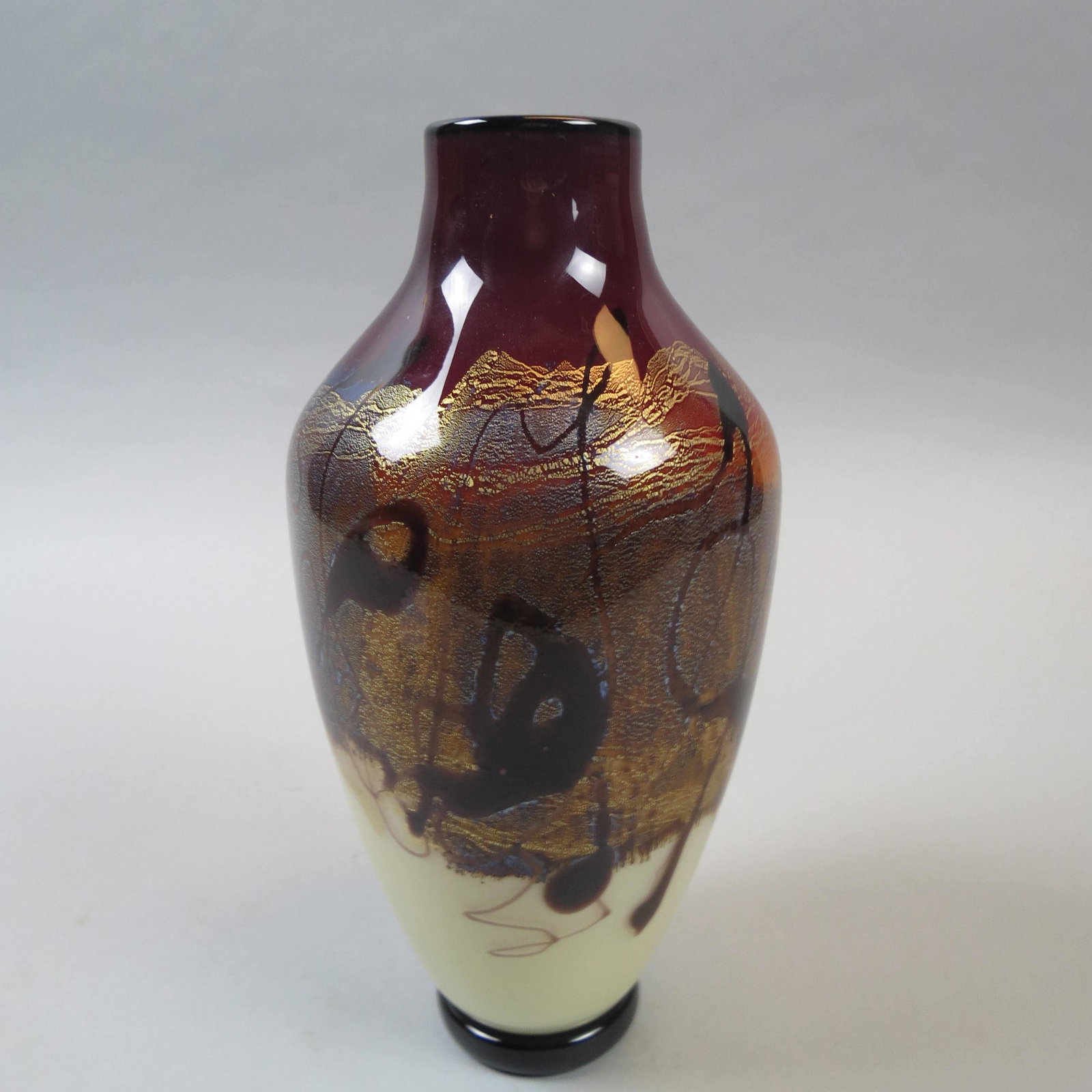 Nichael Nourot Studio Art Glass Vase: Mostly browns with gold and silver mica within, signed and dated 2002, 10, excellent.