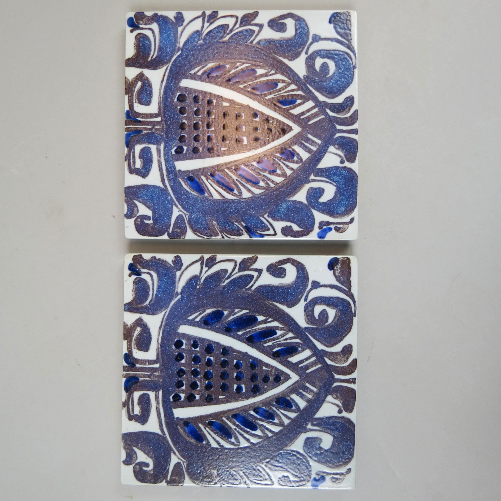 Pair of Royal Copenhagen Faience Pottery Trivets: Mid century modern, artist signed, #430/1401, 6 X 6", excellent.
