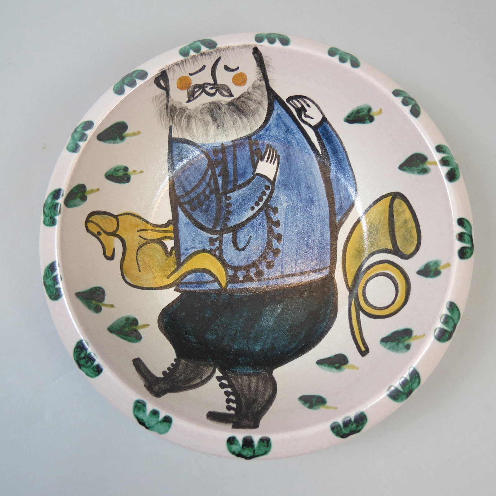 Luzerner Keramik Art Pottery Bowl: Hand painted with man, dog and horn, mid century modern, 11, excellent.