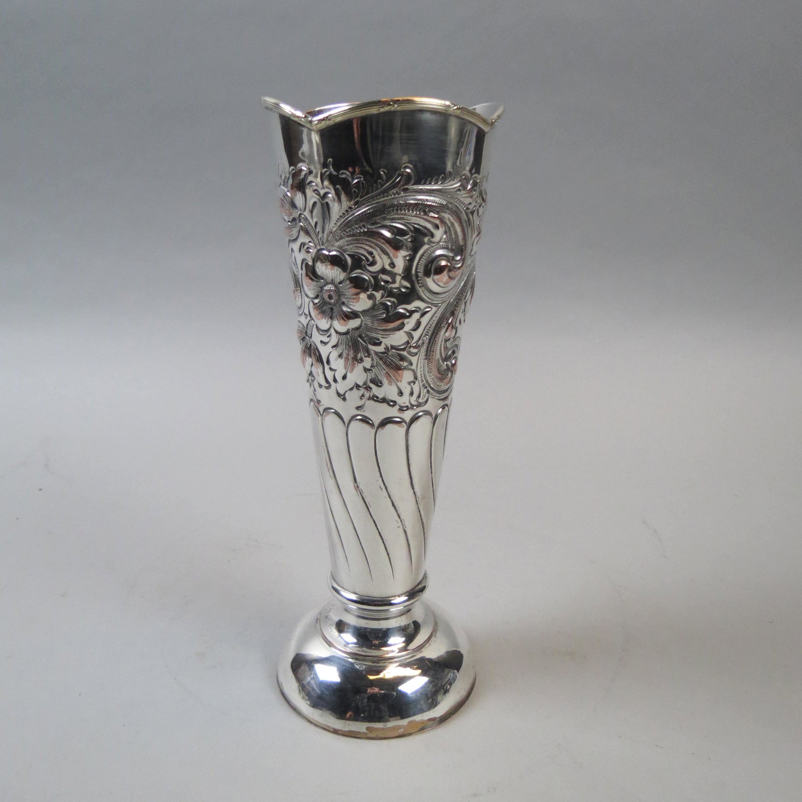 Silverplate Vase: Rococo floral decor, 10 1/2.