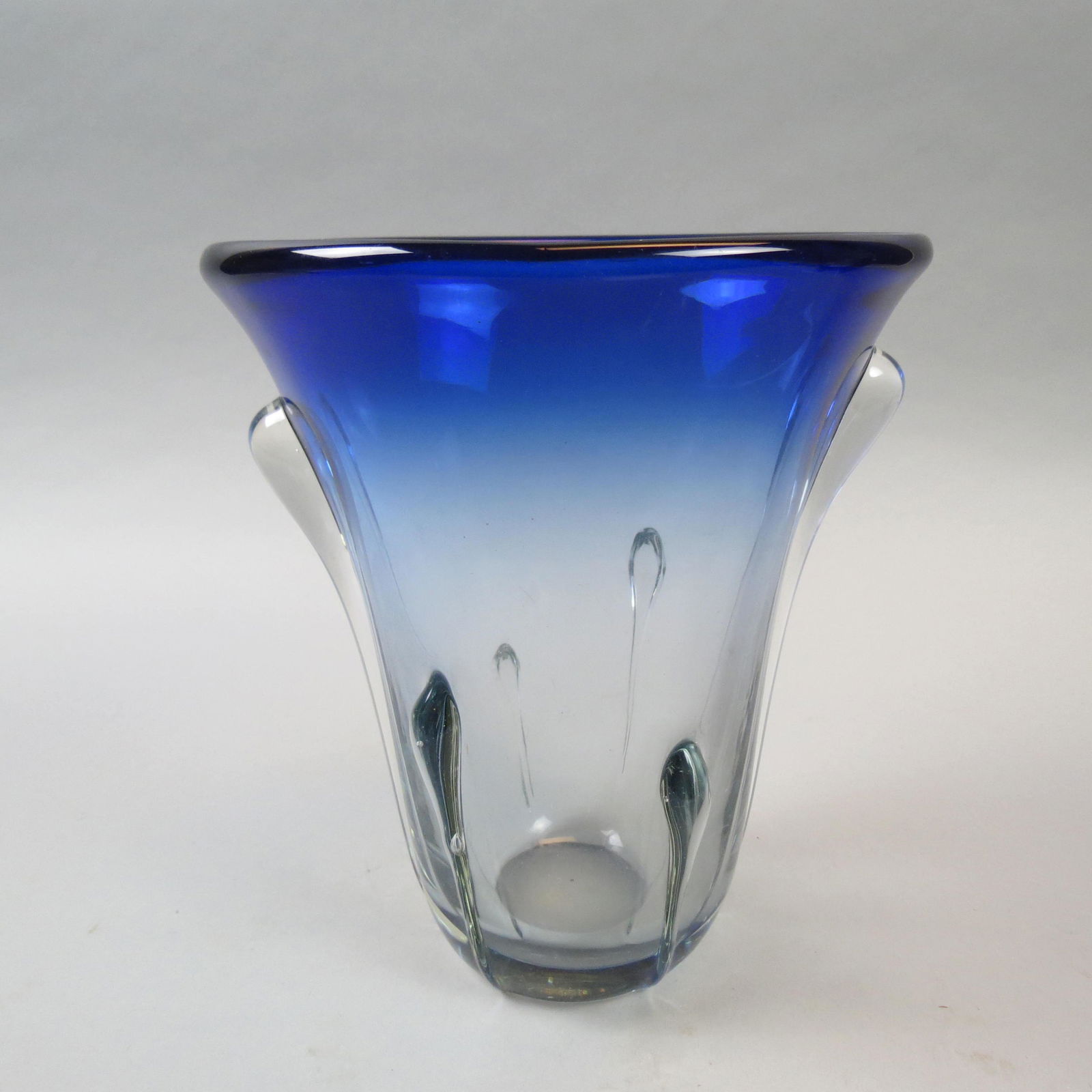 Flavio Poli for Seguso Art Glass Vase: Rich sapphire blue to clear with raised tadpole style decoration, 9, unsigned, excellent.