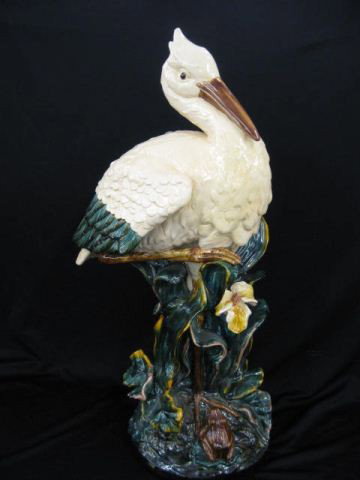 Majolica Figural Umbrella Stand,: with stork, frog & elaborate foilage, 38" tall, excellent.