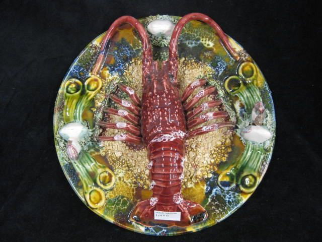 Portugese Paisleyware Pottery Wall Plate: with figural lobster & shell decor, 11 1/4", excellent.