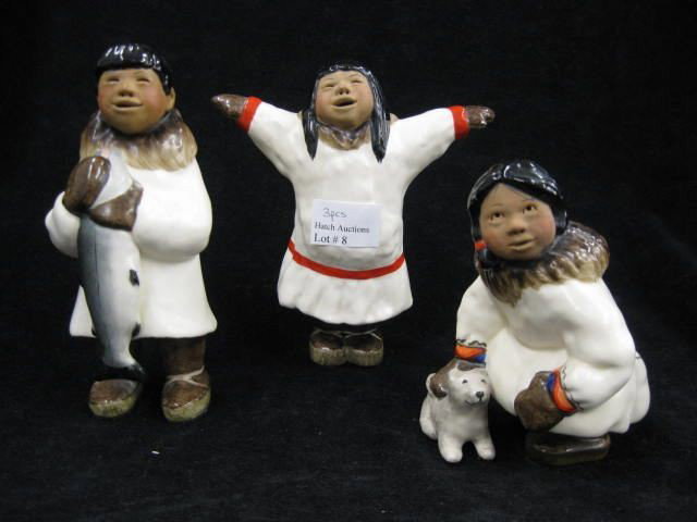 3 Pottery Figurines of Eskimo Children: by C. Alan Johnson, dated 1962, 1970 & 1983, 4 1/2" to 6", scarce.