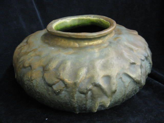 Clewell Art Pottery Vase,: Arts & Crafts style, copper exterior with green glaze interior, 5" tall, 10" diameter, mold #P-4, excellent, larger piece of this scarcer pottery. Clewell ware was made in limited quantities by Charle