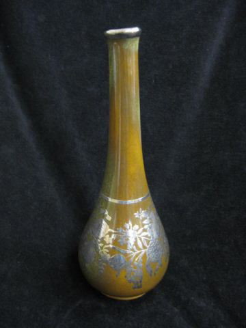 Silver Overlay Frankoma Art Pottery Vase,: elaborate floral on brown, 9 1/2", signed, scarce in overlay.