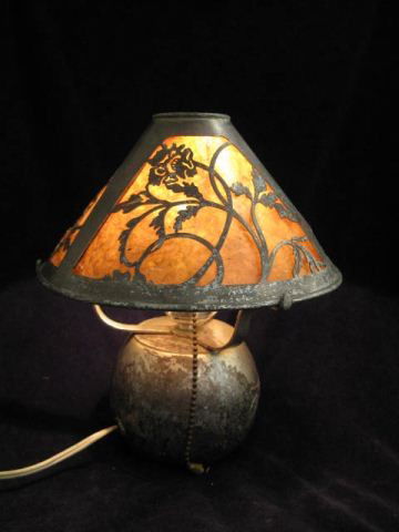 Heintz or Silvercrest Silvered Bronze Lamp,: with matching mica lined shade, floral cut out decor, 8" diameter shade, 10" tall. Otto Heintz was born into a family of manufacturing jewelers established in 1875 in Buffalo , NY . By about 1902 he h