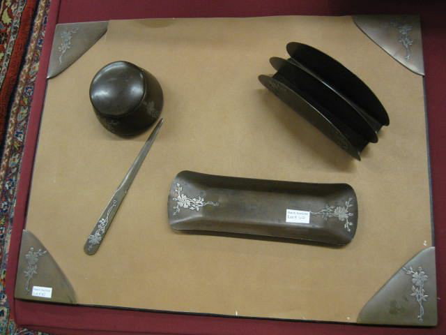 Heintz Sterling & Bronze Desk Set,: Arts & Crafts era, includes inkwell, letter rack, pen tray, letter opener & desk blotter corners, floral decor, circa 1915. ABOUT HEINTZ Otto Heintz was born into a family of manufacturing jewelers es