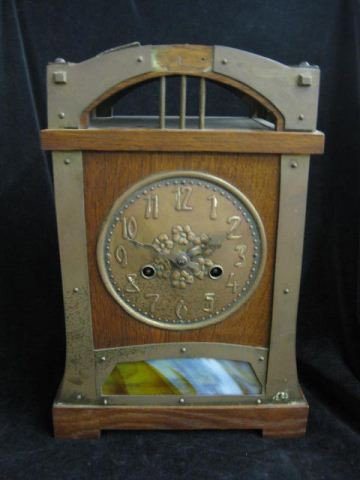 Arts & Crafts Mantle Clock,: oak with stained glass & brass trim, 14" tall, 10" wide.