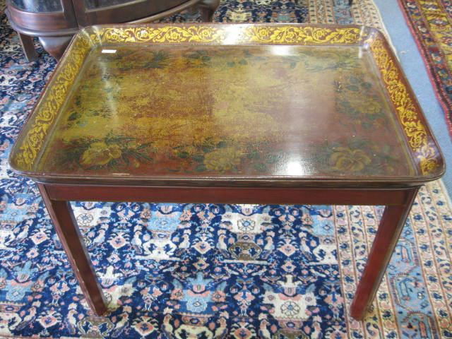Tole Style Decorated Tea Table,: floral, gold trim, 20 1/2" x 28 1/2" top.