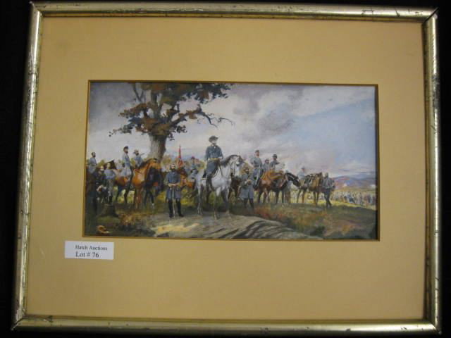 Civil War Painting with Robert E. Lee & Soldiers,: fine oil & gouache, very well done, unsigned, image area 5" x 10".