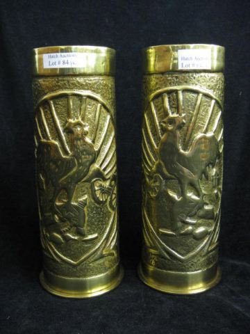 Pair of Trench Art Brass Vases,: artillery shells with rooster & cannon decor, dated 1909, 9".