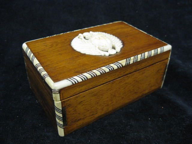 Carved Ivory & Wooden Box,: scarab decor, fine inlaid trim, 3" x 5".