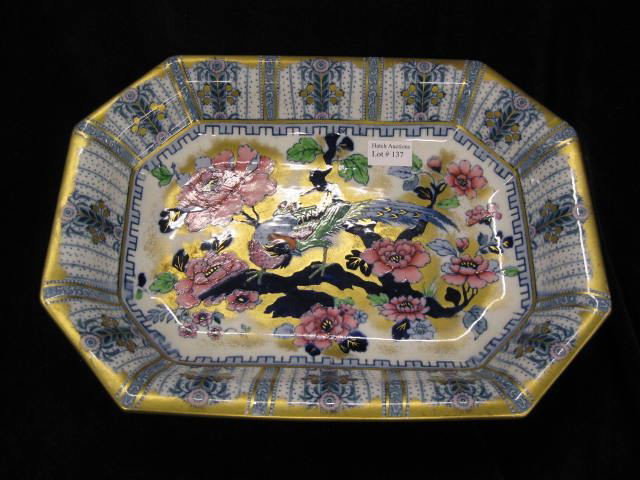 Victorian Ironstone Serving Dish,: polychromed bird & floral gold trim, Keeling & Company "Lasolware", Burslem, England, 9" x 12", excellent.