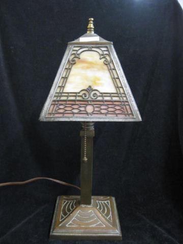 Arts & Crafts Slag Glass Lamp,: fine caramel & orange slag with overlay style shade, copper finish, 15" tall.
