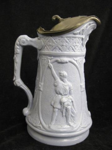Early English Salt Glass Tankard,: man holding up a knife, woman in his arm, blue, bas-relief, pewter top, 9", circa 1840, excellent.