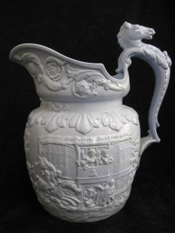 Early English Salt Glaze Pitcher,: bas-relief scene, rare John Gilpin chase scene, 9" horsehead handle, blue, 1840's, excellent.