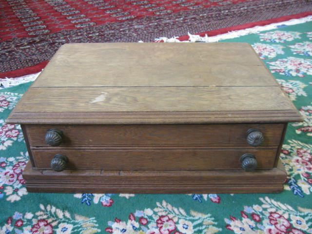 Victorian Oak Spool Cabinet,: with drawer, Duncan Phyfe style, tri-footed base, 29 1/2" tall, 20" x 33" top closed, 20" x 55" open., signed.