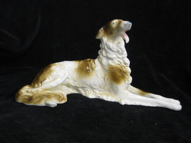 German Porcelain Dog Figurine,: Russian Wolfhound or Borzoi, 12" long, 6" tall, signed, excellent.