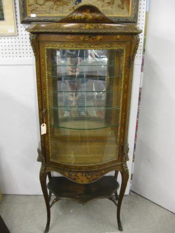 Victorian Handpainted Vitrine Cabinet,: ormolu mounts & handpainted florals on gold gilt, curved front & sides, 62" tall, 23" wide, mirrored back, glass shelves.