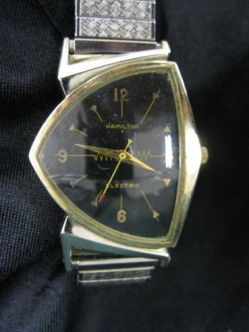 Hamilton Electric Man's Wristwatch,: scarce vintage watch, black dial, gold-filled case, Art Moderne.