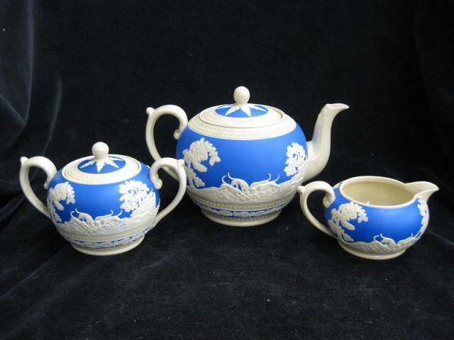 Copeland Spode Jasperware Tea Set: with fox hunt scenes, teapot, creamer & sugar, rich blue background, excellent.