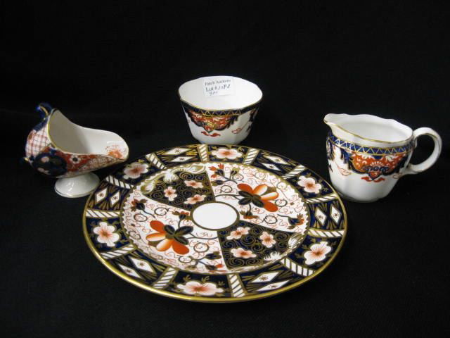 Royal Crown Derby "Imari" Sugar & Creamer,: 7" plate and a similar salt cellar shaped as a coal scuttle, excellent.