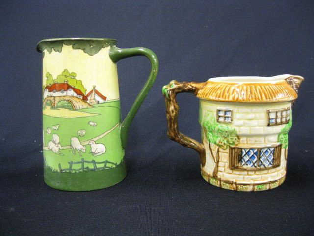 4 Porcelain Pitchers;: Wedgwood, Wade Toby advertising Charrington Beers, Beswick "Cottage" and a "Wayside Inn", tallest is 7 1/2".